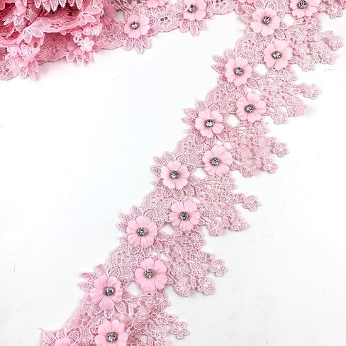 Heyiwell 1Yard Pink 3D Rhinestone Embroidered Flower with Tassel Lace Edge Trim for Sewing Crafts Clothes Dress Home Decoration 3.5" Inch in Saudi Arabia