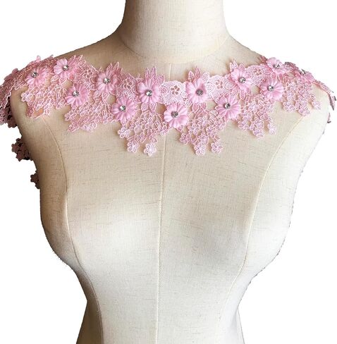 Heyiwell 1Yard Pink 3D Rhinestone Embroidered Flower with Tassel Lace Edge Trim for Sewing Crafts Clothes Dress Home Decoration 3.5" Inch in Saudi Arabia