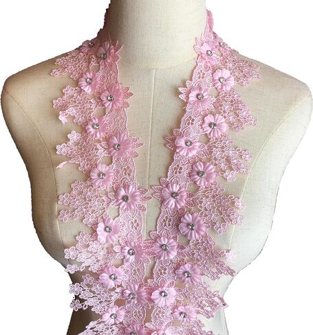 Heyiwell 1Yard Pink 3D Rhinestone Embroidered Flower with Tassel Lace Edge Trim for Sewing Crafts Clothes Dress Home Decoration 3.5" Inch in Saudi Arabia