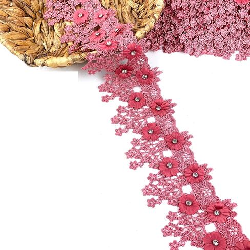 Heyiwell 1yard Pink 3D Rhinestone Flowered Flower مع حافة الدانتيل الشرانق لخياطة الحرف اليدوية لباس المنزل زخرفة 3.5 بوصة in Kuwait