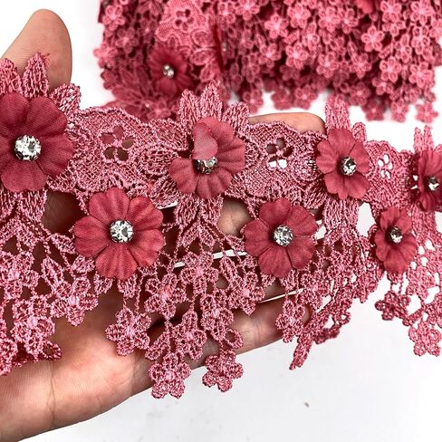 Heyiwell 1yard Pink 3D Rhinestone Flowered Flower مع حافة الدانتيل الشرانق لخياطة الحرف اليدوية لباس المنزل زخرفة 3.5 بوصة in Kuwait
