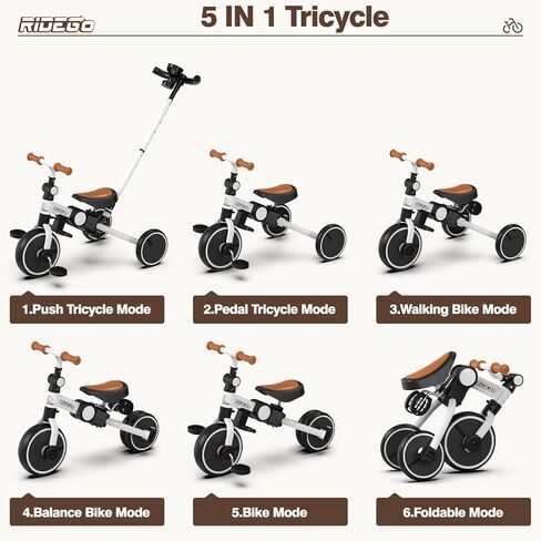 Ridego 5 in 1 Tricycle for Toddlers 3-5 Years Old,Foldable Toddler Bike with Push Handle and Cup Holder, Ideal Balance Bike and Birthday Gifts for 2 3 4 5 Year Old Boys Girls,Pink in Kuwait