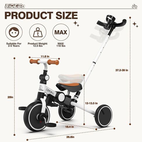 Ridego 5 in 1 Tricycle for Toddlers 3-5 Years Old,Foldable Toddler Bike with Push Handle and Cup Holder, Ideal Balance Bike and Birthday Gifts for 2 3 4 5 Year Old Boys Girls,Pink in Kuwait