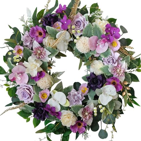 Lavender Wreaths for Front Door, 20 inch Artificial Farmhouse Wreaths for Wall Window Party Wedding Decor Indoor Outdoor Spring Summer Fall Decoration in Kuwait