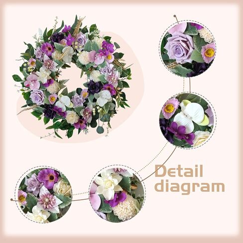 Lavender Wreaths for Front Door, 20 inch Artificial Farmhouse Wreaths for Wall Window Party Wedding Decor Indoor Outdoor Spring Summer Fall Decoration in Kuwait
