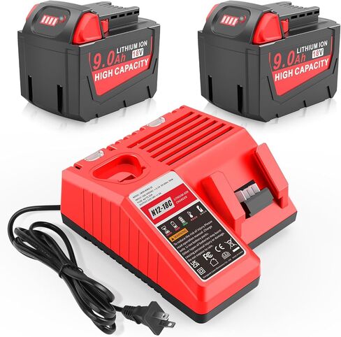 2Pack 9.0Ah M18 Battery Replacement for Milwaukee with Multil Volatage Rapid Battery Charger for M12-M18 Power Tool Battery Charger 48-11-1840 48-11-1828 48-11-1820 48-11-1815 48-11-1850 48-11-1860 in Kuwait