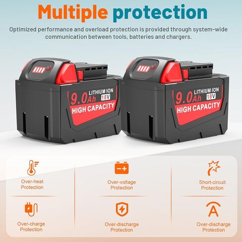2Pack 9.0Ah M18 Battery Replacement for Milwaukee with Multil Volatage Rapid Battery Charger for M12-M18 Power Tool Battery Charger 48-11-1840 48-11-1828 48-11-1820 48-11-1815 48-11-1850 48-11-1860 in Kuwait