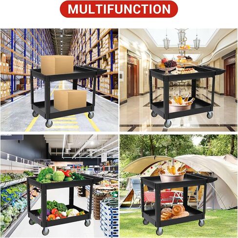 Service Cart 2-Shelf, Storage Handle, 500 lbs Capacity, for Warehouse/Garage/Cleaning/Manufacturing，45"X25" Black in Kuwait