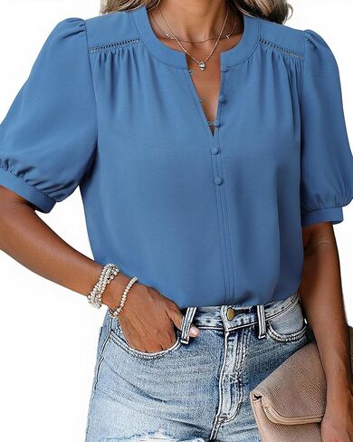 Women's Summer Tops Dressy Casual Short Lantern Sleeve V Neck Buttons Front Chiffon Blouses Work Shirts in Saudi Arabia