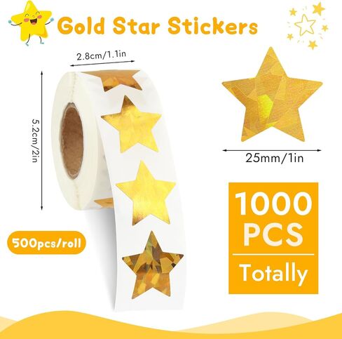 Star Stickers for Kids Reward, 1000 pcs Holographic Gold Star Stickers, 2 Rolls Sparkly Foil Star Stickers for Behavior Chart, Student Planner, School Classroom Students Teacher Supplies (1 inch) in Kuwait