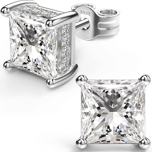 18K White Gold Plated Sterling Silver Princess Cut Cubic Zirconia Stud Earrings Square CZ Diamond Stud Earrings for Women Men Hypoallergenic (Black 4MM) in Saudi Arabia