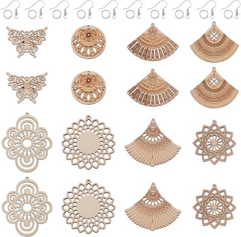 Elecrelive 8 Pairs Wooden Dangle Earring Set Butterfly Fan Flower Wood Earrings Blank Filigree Wood Earring Pendants Dangle Earring Making Kit with Earring Hooks for DIY Craft Jewelry Making in Saudi Arabia