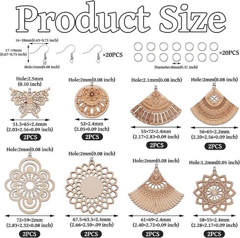 Elecrelive 8 Pairs Wooden Dangle Earring Set Butterfly Fan Flower Wood Earrings Blank Filigree Wood Earring Pendants Dangle Earring Making Kit with Earring Hooks for DIY Craft Jewelry Making in Saudi Arabia