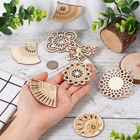 Elecrelive 8 Pairs Wooden Dangle Earring Set Butterfly Fan Flower Wood Earrings Blank Filigree Wood Earring Pendants Dangle Earring Making Kit with Earring Hooks for DIY Craft Jewelry Making in Saudi Arabia