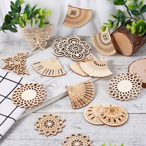 Elecrelive 8 Pairs Wooden Dangle Earring Set Butterfly Fan Flower Wood Earrings Blank Filigree Wood Earring Pendants Dangle Earring Making Kit with Earring Hooks for DIY Craft Jewelry Making in Saudi Arabia
