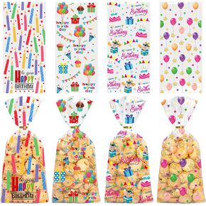 Totelux Happy Birthday Cellophane Goodies Bags Clear Plastic Candy Bag Cake Candle Balloon Design Treat Bags with Ties for Cookies Gift Packaging Birthday Party Supplies 50PCS