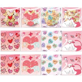 100 PCS Valentines Party Cellophane Treat Bags Self Adhesive Clear Cookie Candy Bags 4 Styles Valentines Goodie Bags for Valentine's Day Party Decorations Wedding Birthday Party Favors Supplies
