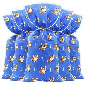 أكياس لطيفة معالجة الكلب Corgi ، 50 قطعة كرتون Corgi Bone Print Blue Goadies Bass with Gold Twist Ties ، Pet Cellophane Goody Snack Gift Facs for Puppy Dog تحت عنوان الحفلات.