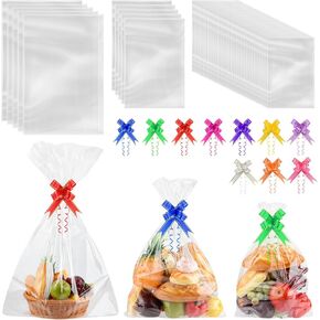 Meezy 50 PCS Cellophane Wrap Facs for Gift Calls ، 3 أحجام أكياس السيلوفان 12x18 16x24 24 × 35 بوصة عبوة واضحة مع 50 أقواس سحب لالتفاف سلة الهدايا