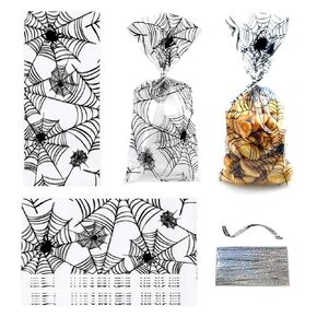 Fazhbary 100 PCS Halloween Cellophane Bags Black Spider Halloween Goodie Bags Candy Spider Web Web Bags Cello Bags For Party Wabs Supplies