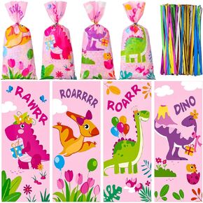 Hotop 100 pcs ديناصور السيلوفان حقائب Goodie Pink Dinosaur حفلة تفضيل حقائب الهدايا مع علاقات عيد ميلاد Dino Treat Decoration