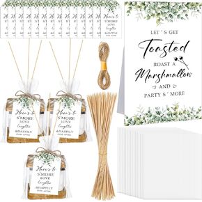 Wonderjune 100 Sets S'more Love Love Wedding Favors Kit بما في ذلك 100 أكياس Cellophane واضحة 100 ورقة إدراج S'more Love Tags 100 Skewers Bamboo ، حامل سطح المكتب وحبل الجوت 32.81 قدمًا لحفل الزفاف