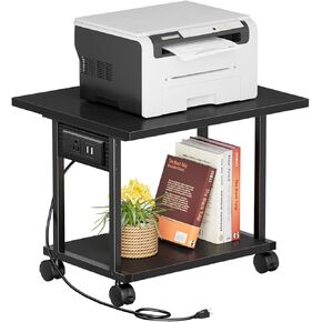Printer Table, 2-Tier Under Desk Printer Stand with Charging Station, Printer Stand with Wheels, Printer Shelf for Small Spaces, Printer Cart for Home Office Black