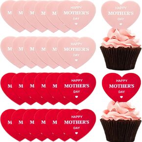 30pcs عيد أم سعيد Cupcake Topper Mothers Day Topper Acrylic Cake Topper Heart Cake Cake Disced Cake Cake Micks Cupcake Decortings لعيد ميلاد أمي ديكور حفلات عيد الأم (وردي+أحمر)