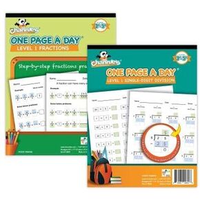 Page One Visual's Visual's Visual One A Day Level 1 Divisions and Fractions Workbook الصف 3-5 ، مصنفات الرياضيات للأطفال ، ملاءمة سهلة على الوجهين ، حزمة 2