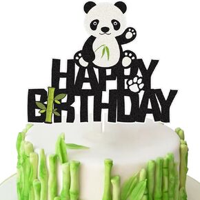 Lingboom Black Bamboo Cake Topper ، عيد ميلاد سعيد Panda ، قطعة واحدة ، زخرفة الكيك ، حيوانات الغابة موضوعات للحفلات الأولاد للأطفال