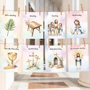 بطاقات Waxt Fancy Easter Story Holy Week بطاقات العد التنازلي دينيًا مع مقاطع للأطفال البالغين ، زخارف مدرسة الأحد ، STREVIS BIBLE STRESS Supplies 8PCS