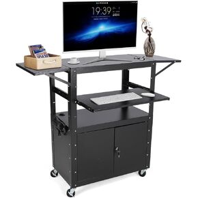 GAOMON Av Cart with Lockable Cabinet, Height Adjustable 24-42", Non-Slip Mat, 100 Lbs Capacity, Mobile Workstation with Extra Storage Space, Power Strip