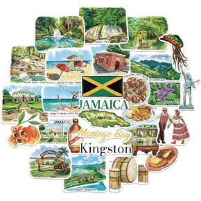 Navy Peony Exotic Jamaica Travel Stickers (28pcs)-Hand-Illustrated, Jamaican, Caribbean-Themed Vacation Decals for Journals, Scrapbooks, Luggage
