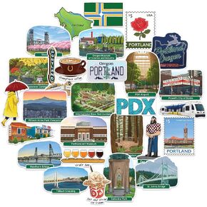 Navy Peony Hipster Portland Travel Stickers (28pcs) - City of Roses, Oregon, America City-Themed Vacation Stickers for Scrapbooking, Journals