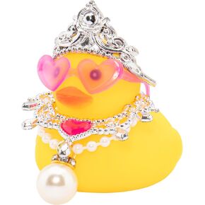 wonuu Car Decorations Rubber Ducks, Dashboard Crown Rubber Ducky for Car Ornament Cute Duck with Crown, Glasses, Necklace, Silver Pearl