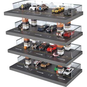 1:64 SCALE DIECAST CAR DISPLAY CASE 4 مستويات مواقف للسيارات Diorama للعجلات الساخنة ، صندوق الثقاب ، جامعي - 24 موقعًا ، يحمل أكثر من 40 سيارة | منظم تخزين الخشب والأكريليك القائم بذاته مع تجميع سهل
