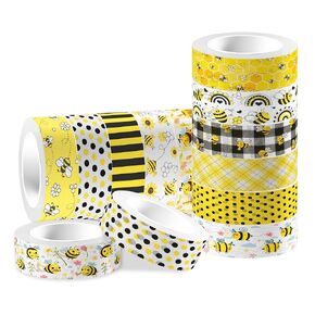 12 PCS Bee Washi Tape مجموعة زرقاء صفراء أسود عسل أسود Daisy Bee شريط تقنيع شريط زخرفة ملصق ورقة ديكور لسكان القصاصات DIY ، مخطط ، ملصق كتيب التغليف الهدايا الحرفية