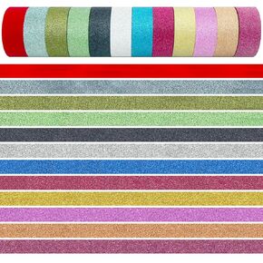 مجموعة الشريط Glitter Washi - 12 Rolls 15mm × 65.6yds شريط الورق البريق للحرف اليدوية DIY ، سجل القصاصات ، مشاريع المدارس (12 لونًا غير مهذب)