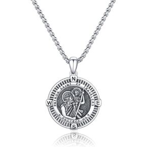 MEDWISE St Christopher Necklace Men 925 Sterling Silver Black Obsidian Saint Christopher Pendant Healing Crystal St.Christopher Necklace Protection Jewelry Gifts for Men Women