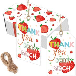 Strawberry Thank You Berry Much Tags with String 2.2 * 3.5 inch Sweet Strawberry Themed Birthday Presents Tags for Birthday Party Favor Baby Shower 50Pcs (Color1)
