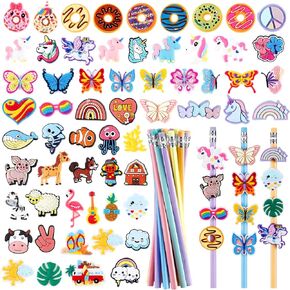 Tenceur 78 PCS PENBEMS COPER TOPPER تتضمن 60 جهازًا عشوائيًا عشوائيًا قلمًا مختلفًا ، قم بزخارف سحر سحر سيليكون قطرات قلم مع 18 جهاز كمبيوتر شخصي متنوع لأقلام ملونة لمكافأة الفصول الدراسية.