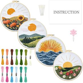 INFUNLY 4 Sets DIY Landscape Embroidery Kits for Beginners 11.8"×11.8" Sunset Pattern Embroidery Hoop kit Mountain Embroidery Starter Kit Hand Needlepoint Kits with Instructions Pattern for Adults