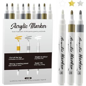 9 Pack Acrylic Markers,Medium Tip 2-3mm in White, Gold, and Silver Colors, Glitter Coloring Markers Set for Wood, Canvas, Stone, Rock Painting, Glass, Plastic，DIY Crafts Making Art Supplies