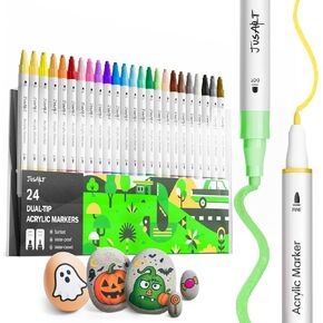 Jusart 36 Colors Dual Tip Tip Acrylic Paint Pens ، علامات الطلاء الأكريليك مع نقطة ونصيحة رائعة للصخور ، النسيج ، الخشب ، الزجاج ، السيراميك ، اللوازم الفنية النابضة بالحياة للأطفال والمبتدئين والفنانين