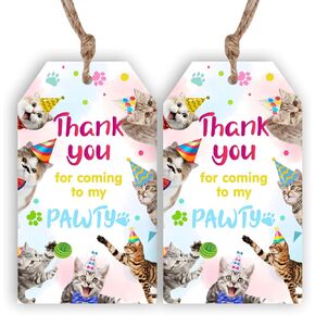 Serencatcher Cat Thanks You Tags ، 50pcs Cat Party Party Favors شكرًا لك على مجيئي إلى علامات هدايا Cat Pawty مع سلسلة زخارف حفلة عيد ميلاد الطفل تحت عنوان Cat