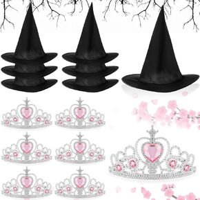 Tarpop 12 PCS Witch Hat و Princess Crown Set و Royal Queen Crown و Black Wizard Hats for Pink Green Party Decor