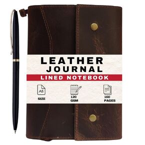 LEATHERVINES A5 Leather Notebook with Free Pen - Refillable Handmade Writing Journal, Vintage Organizer with Lined Pages, 160 Pages for Office & Travel