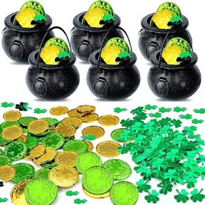 Turnmeon St Patricks يوم الذهب من الذهب ، 6 غلايات Candy Cauldron مع 72 البلاستيك شاميروكس العملات الذهبية 138 إمدادات زخارف الحفلات Clover Confetti ل Saint Patricks Day Home Decor Indoor Decor