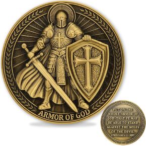 Armor of God God Challenge Coin - التصميم ثلاثي الأبعاد المرتفع ، النقش العميق ، الانتهاء من النحاس ، يشمل حالة أكريليك واضحة ، آية الكتاب المقدس الملهمة أفسس 6:11