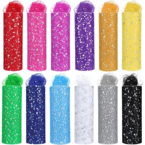 12 Pcs Rainbow Glitter Tulle Rolls 6 Inch by 10 Yards Tulle Rolls Netting Fabric Shiny Sequin Tulle Ribbon Craft Fabric for Tutu Skirts Sewing Birthday Wedding Baby Shower Party Decoration